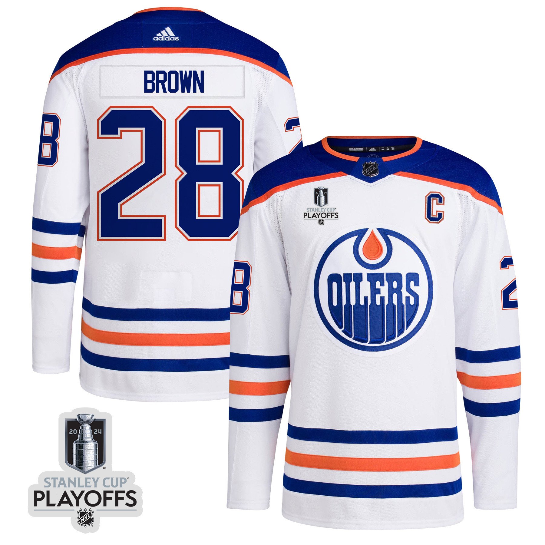 Connor Brown 28 Edmonton Oilers 2024 NHL Playoffs Patch Away Jersey - Men, White - JS706 