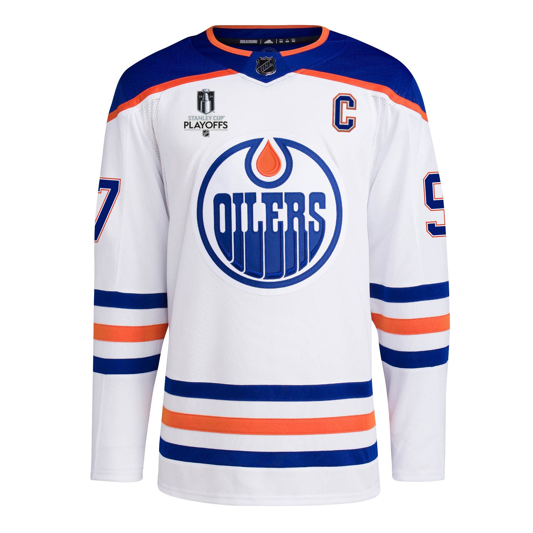 Alternative view of Connor McDavid 97 Edmonton Oilers 2024 NHL Playoffs Patch Away Jersey - Men, White - JS290 