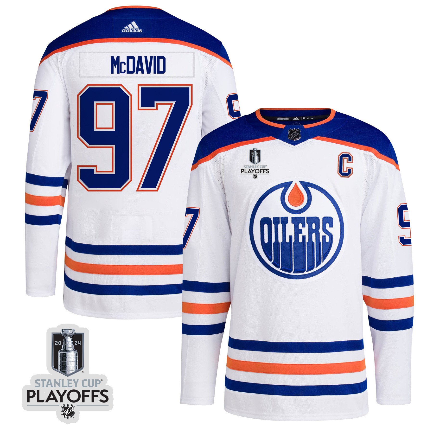Connor McDavid 97 Edmonton Oilers 2024 NHL Playoffs Patch Away Jersey - Men, White - JS290 