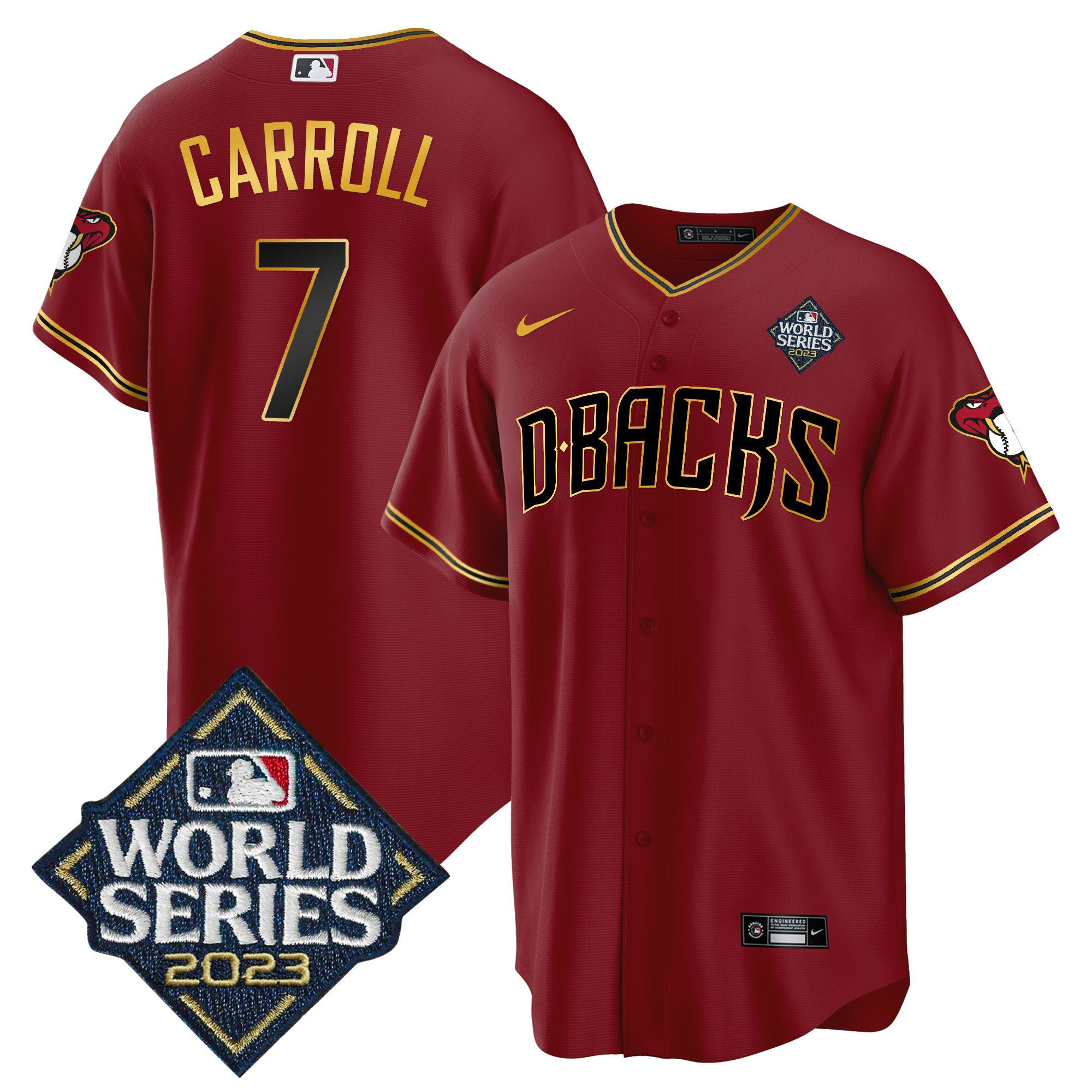 Corbin Carroll 7 Arizona Diamondbacks 2023 World Series Men Jersey - Crimson Gold