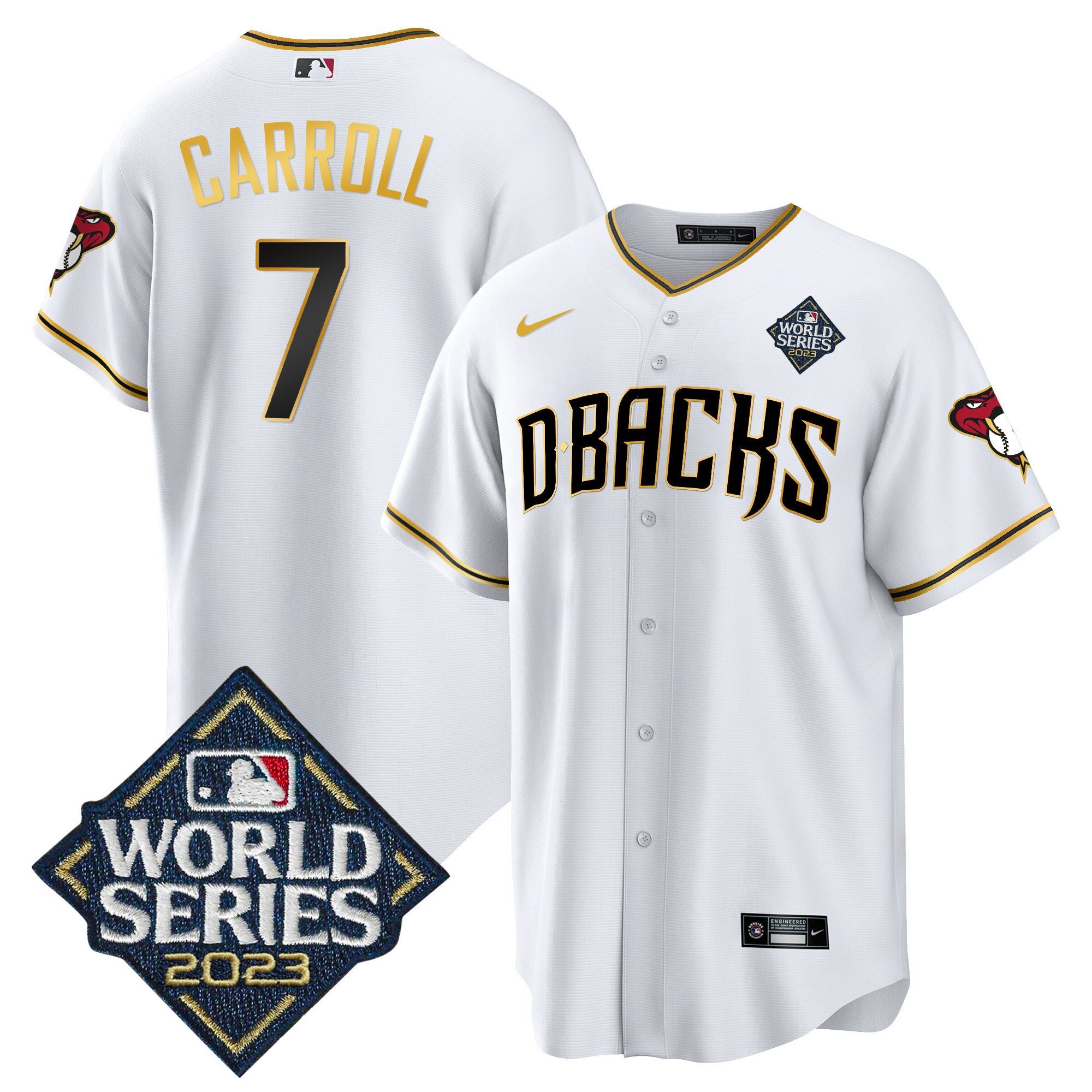 Corbin Carroll 7 Arizona Diamondbacks 2023 World Series Men Jersey - White Gold