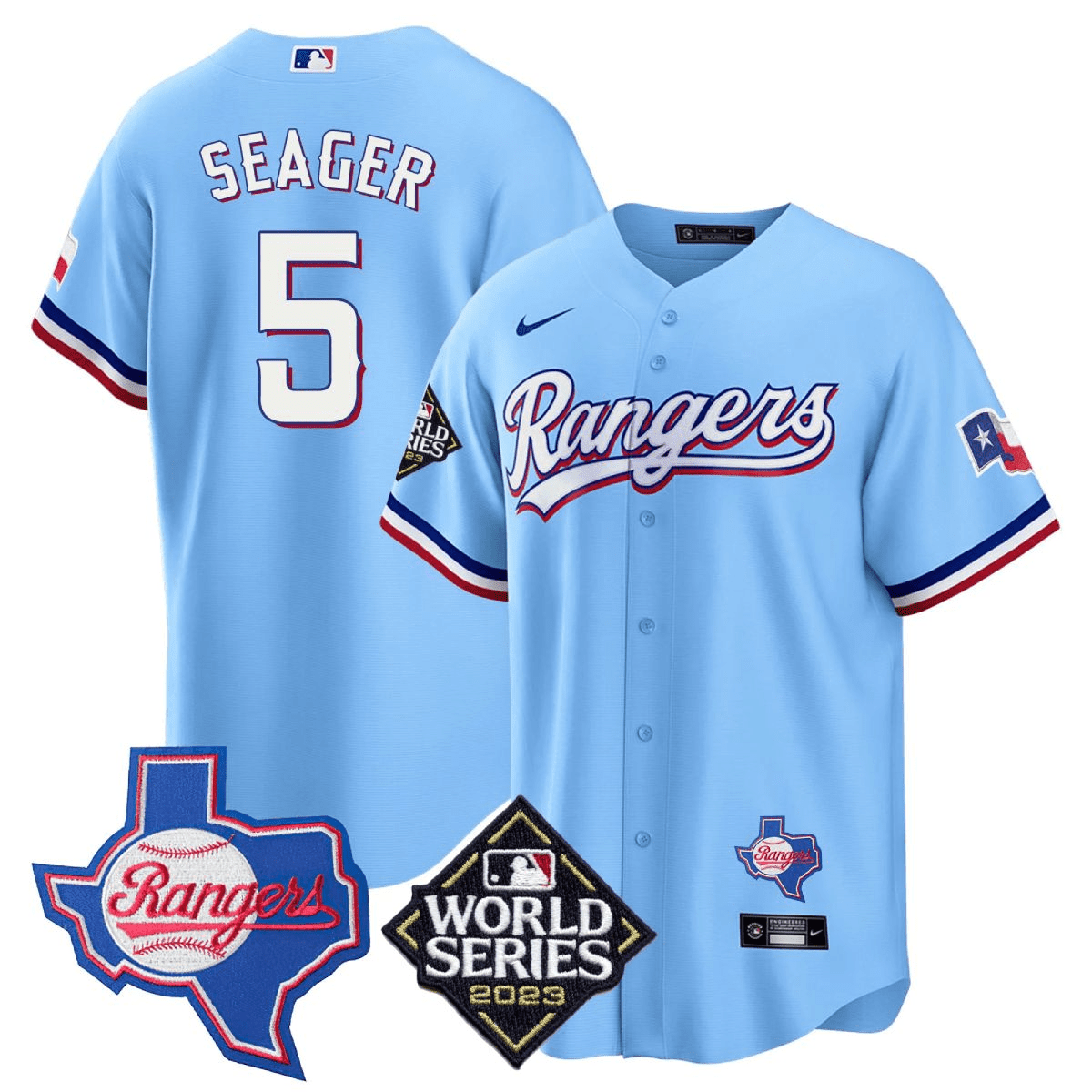 Corey Seager 5 Texas Rangers 2023 World Series & Texas State Patch Men Jersey - Blue - JS437 