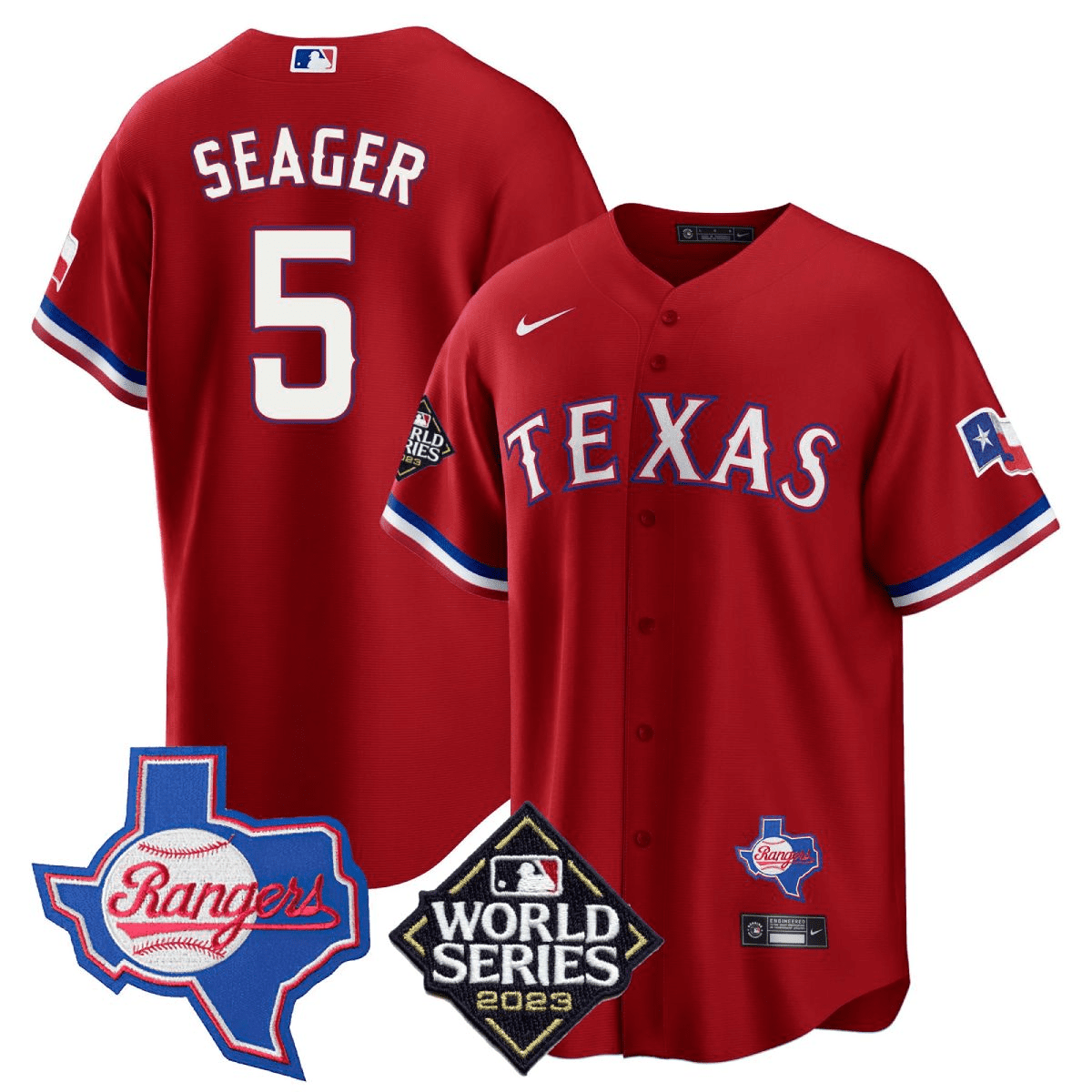 Corey Seager 5 Texas Rangers 2023 World Series & Texas State Patch Men Jersey - Red - JS638 