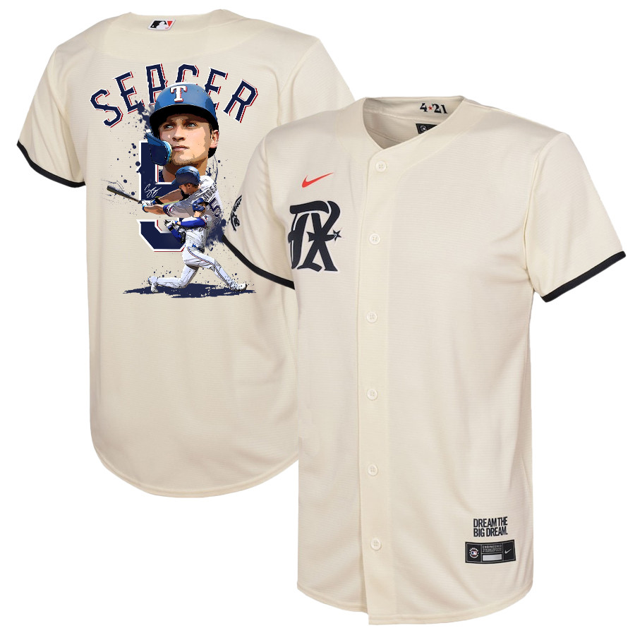 Corey Seager 5 Texas Rangers Signed Posture 2023 City Connect Player YOUTH Jersey - Cream - JS190 