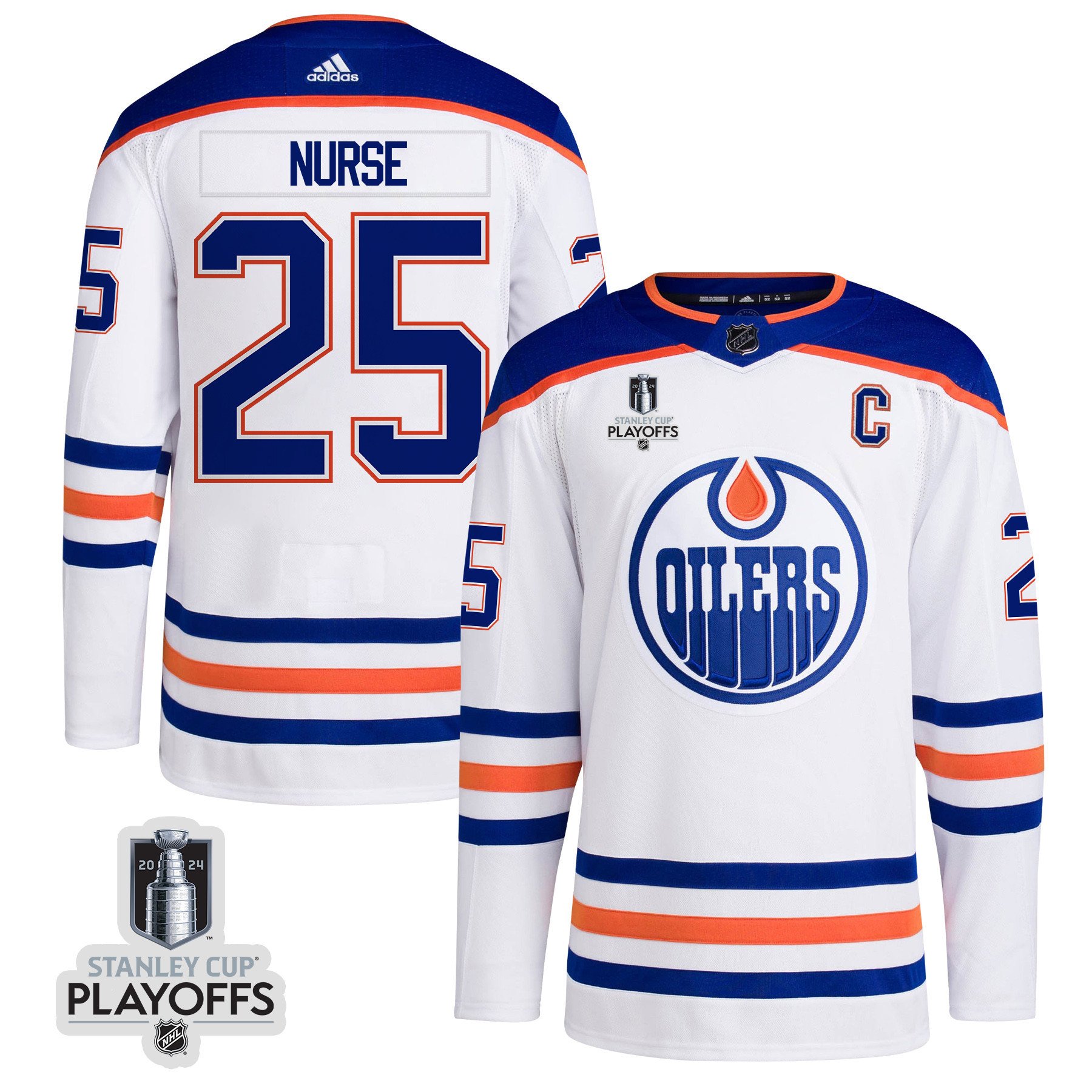 Darnell Nurse 25 Edmonton Oilers 2024 NHL Playoffs Patch Away Jersey - Men, White - JS218 