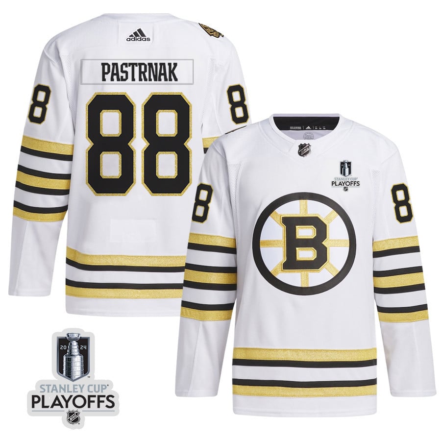 David Pastrnak 88 Boston Bruins 2024 NHL Playoffs Patch Away Jersey - Men, White - JS780 