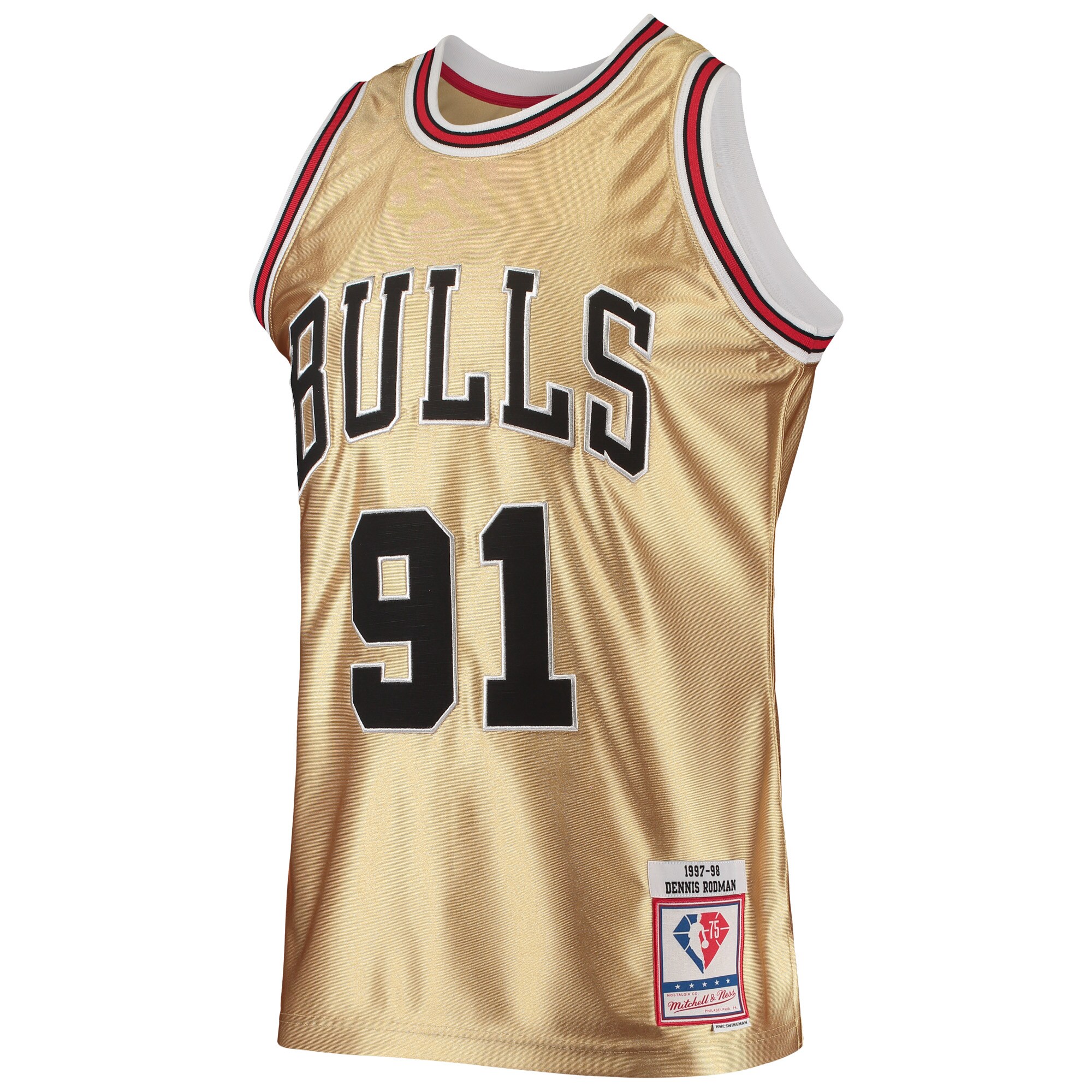 Alternative view of Dennis Rodman Chicago Bulls Mitchell & Ness 75th Anniversary 1997/98 Hardwood Classics Swingman Jersey - Gold