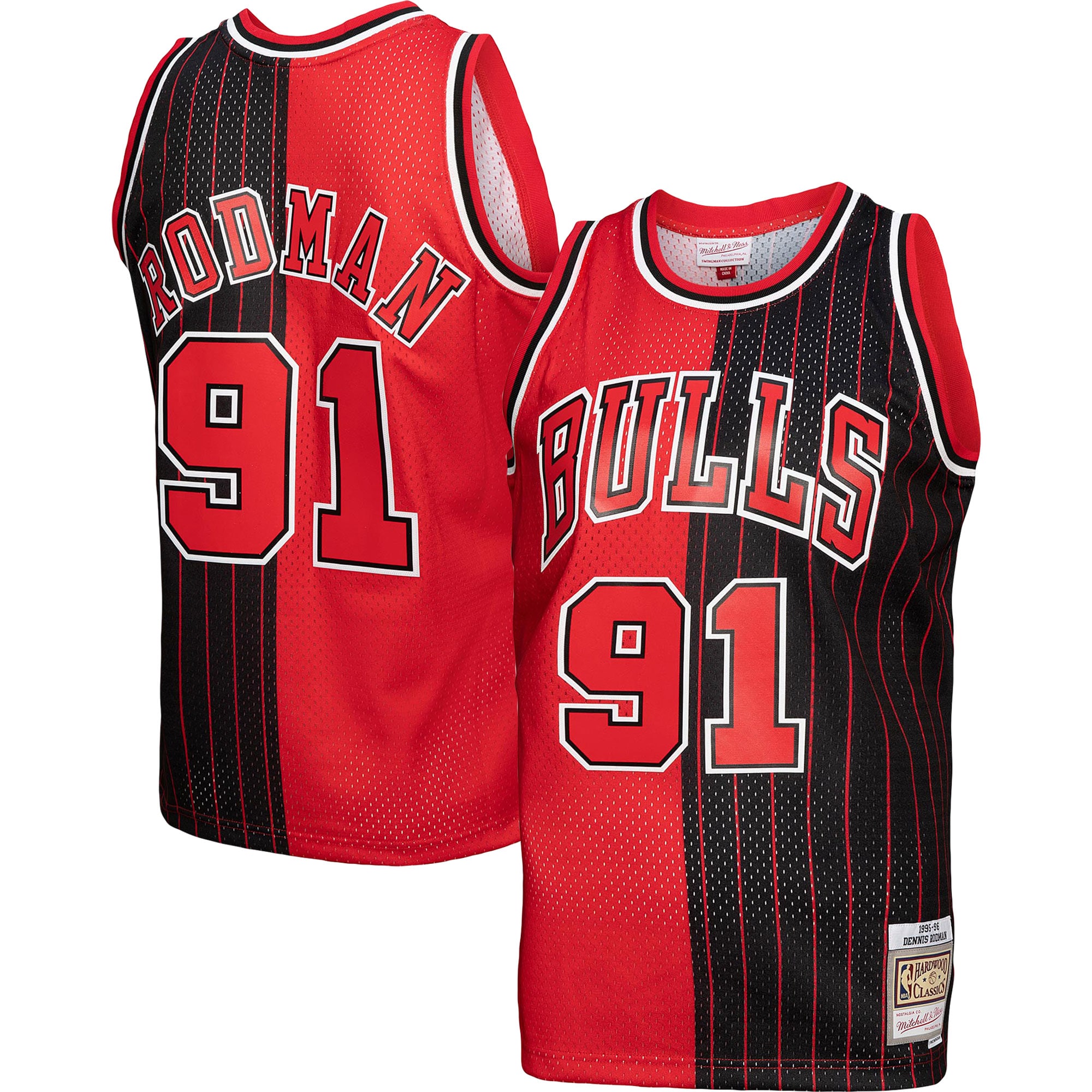 Alternative view of Dennis Rodman Chicago Bulls Mitchell & Ness Hardwood Classics 1995/96 Split Swingman Jersey - Red/black