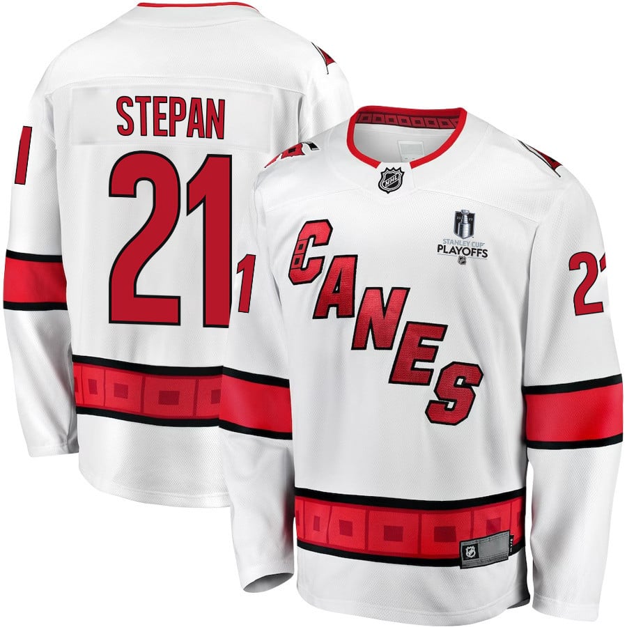 Derek Stepan 21 Carolina Hurricanes Stanley Cup 2023 Playoffs Patch Away Breakaway Men Jersey - White - JS323 