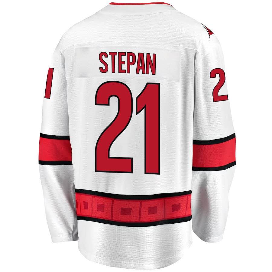 Alternative view of Derek Stepan 21 Carolina Hurricanes Stanley Cup 2023 Playoffs Patch Away Breakaway Men Jersey - White - JS323 
