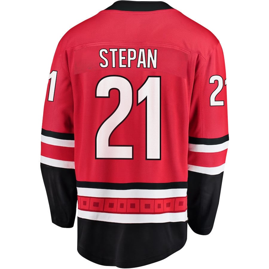 Alternative view of Derek Stepan 21 Carolina Hurricanes Stanley Cup 2023 Playoffs Patch Home Breakaway Men Jersey - Red - JS662 