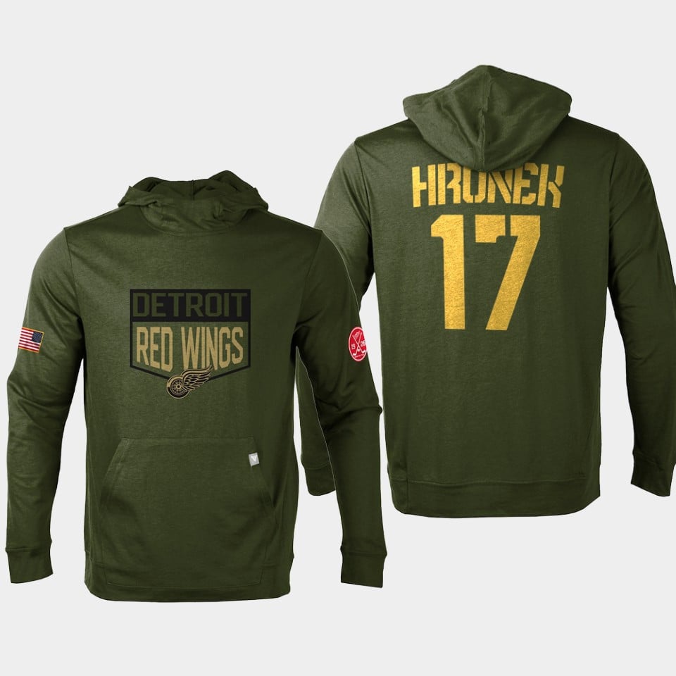 Detroit Red Wings 17 Filip Hronek Military Olive Equipment Pullover Custom Hoodie Olive - Js745