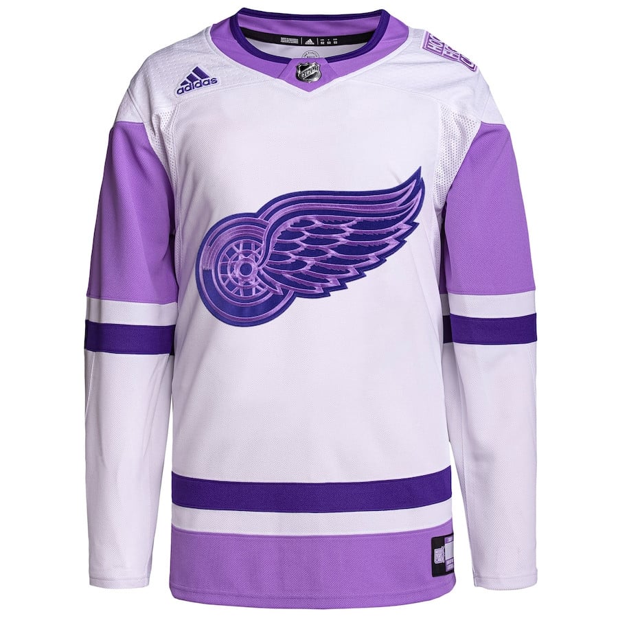 Alternative view of Detroit Red Wings Hockey Fights Cancer Primegreen Men Jersey - White/Purple - JS324 