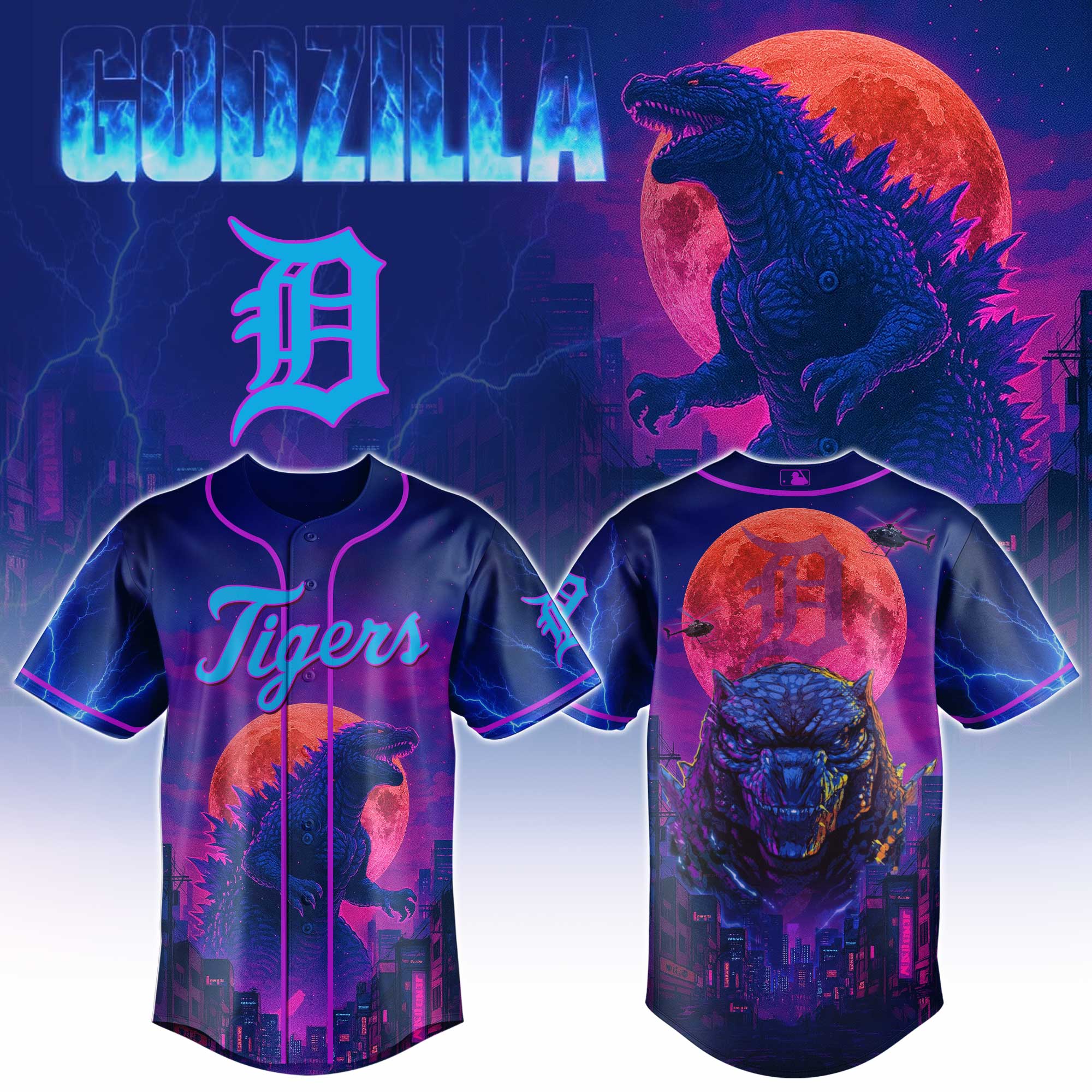 Detroit Tigers Mlb X Godzilla Neon City Baseball Jersey
