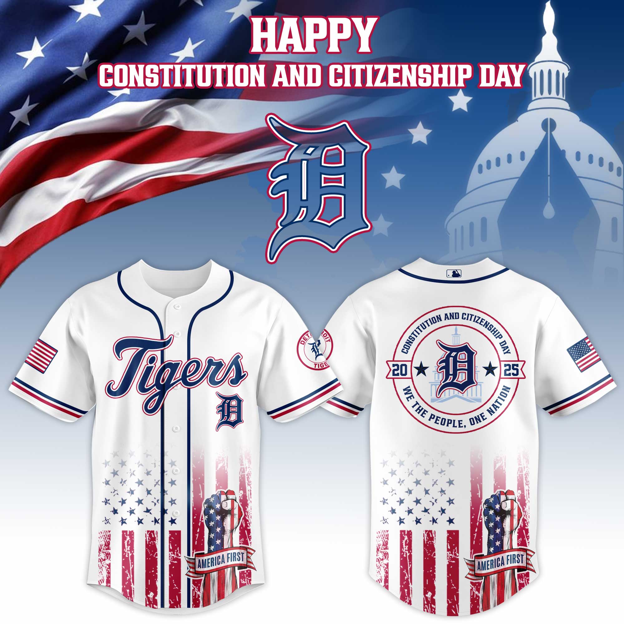 Detroit Tigers Mlb X Usa Happy Constitution And Citizenship Day Custom Baseball Jersey