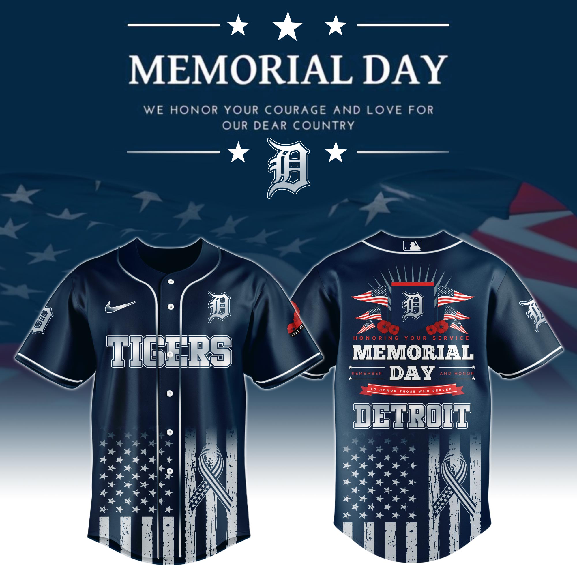 Detroit Tigers Special Memorial Day Limited Edition Custom Baseball Jersey