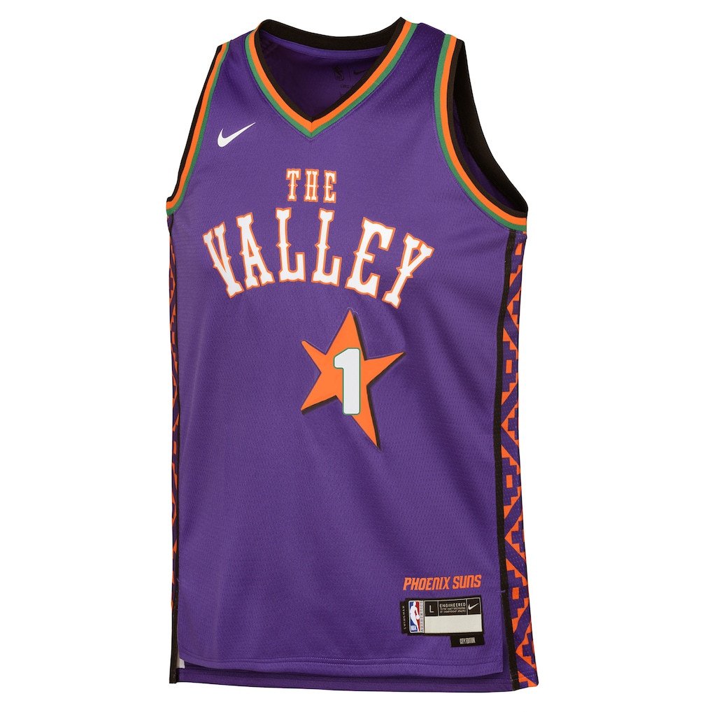 Alternative view of Devin Booker 1 Phoenix Suns 2024/25 Swingman Player YOUTH Jersey - City Edition - Purple - JS662 