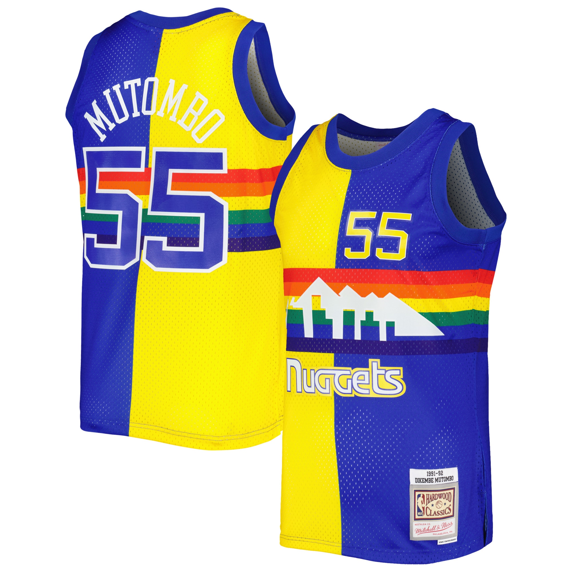Dikembe Mutombo Denver Nuggets Mitchell & Ness Hardwood Classics 1991/92 Split Swingman Jersey - Royal/gold