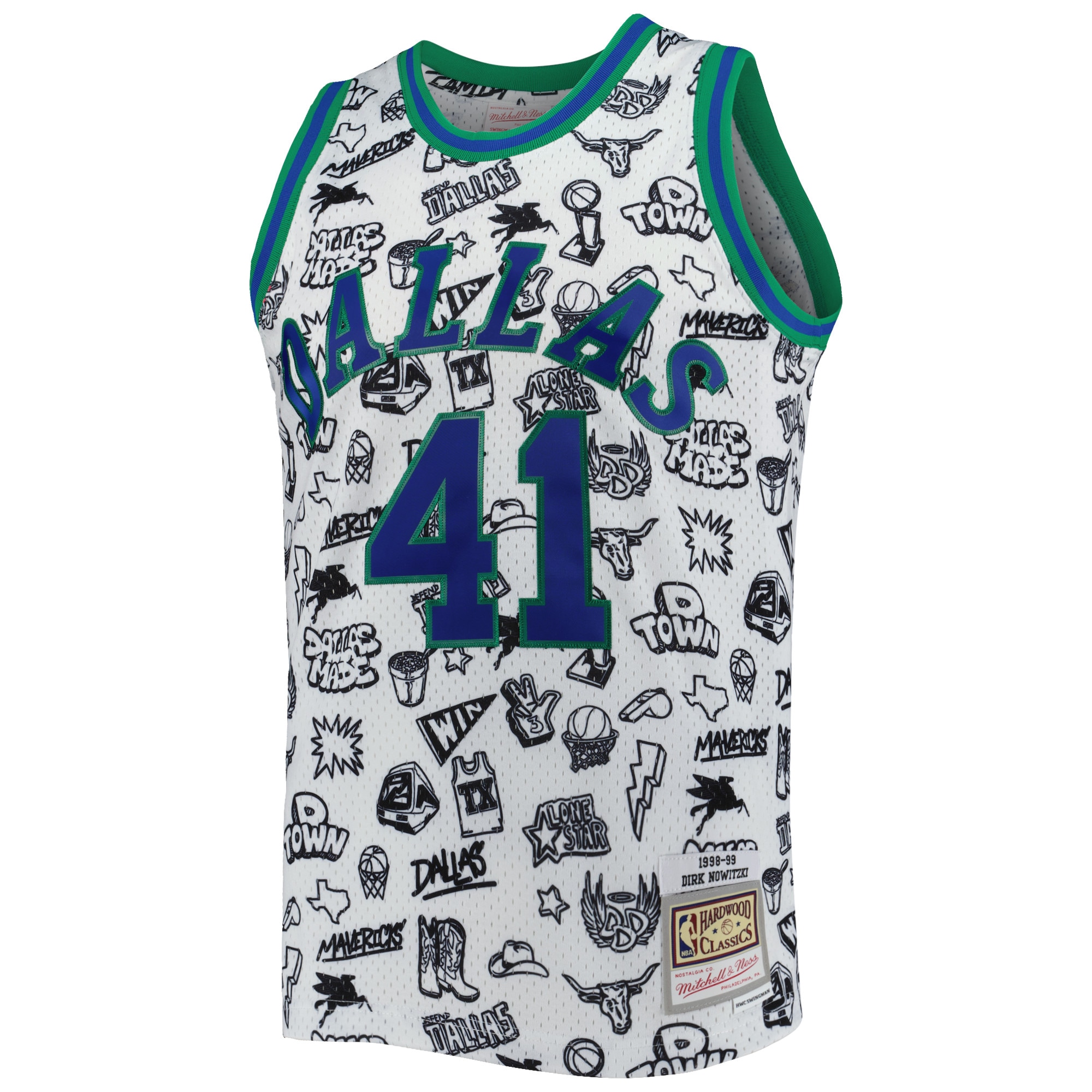 Alternative view of Dirk Nowitzki Dallas Mavericks Mitchell & Ness 1998/99 Hardwood Classics Doodle Swingman Jersey - White