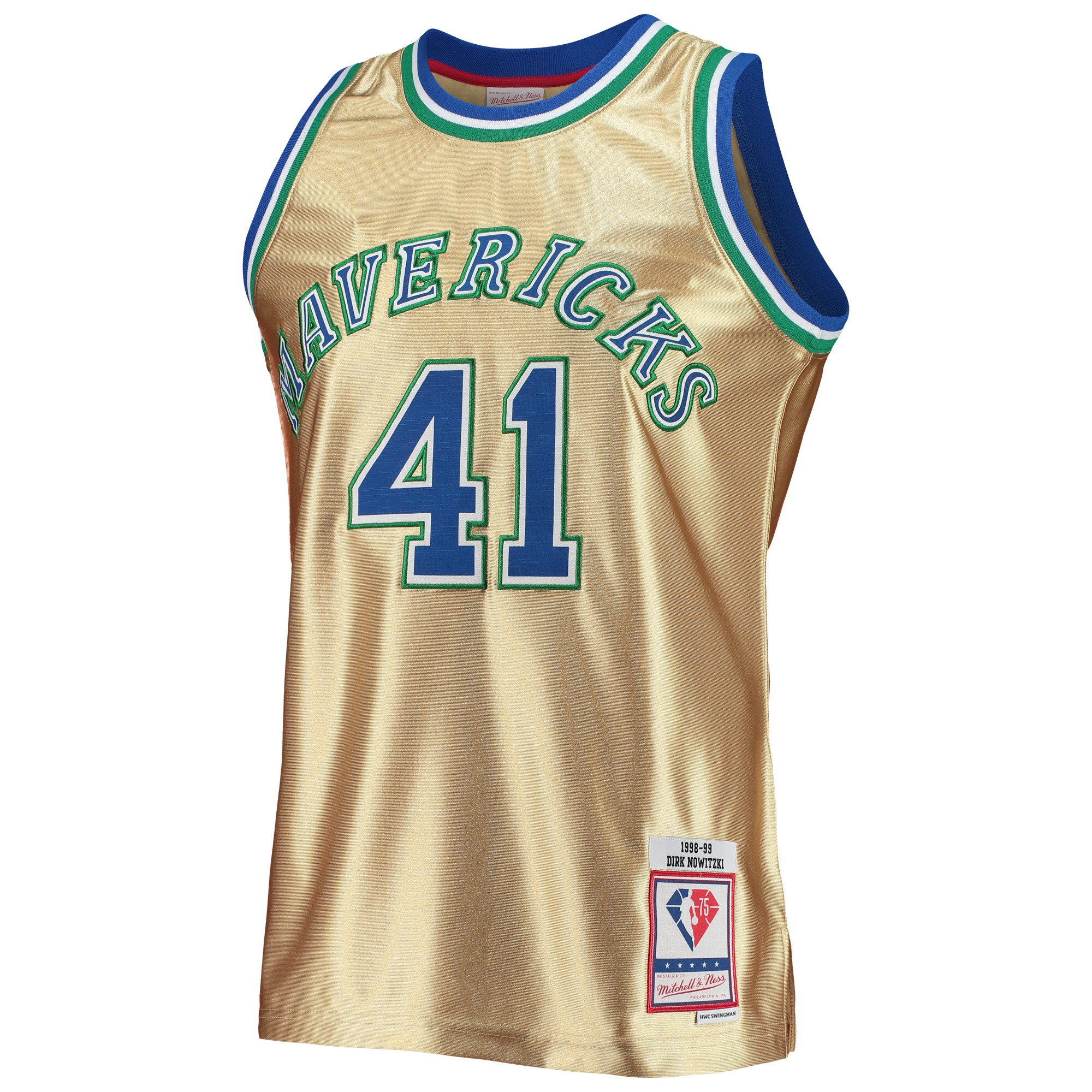 Alternative view of Dirk Nowitzki Dallas Mavericks Mitchell & Ness 75th Anniversary 1998/99 Hardwood Classics Swingman Jersey - Gold