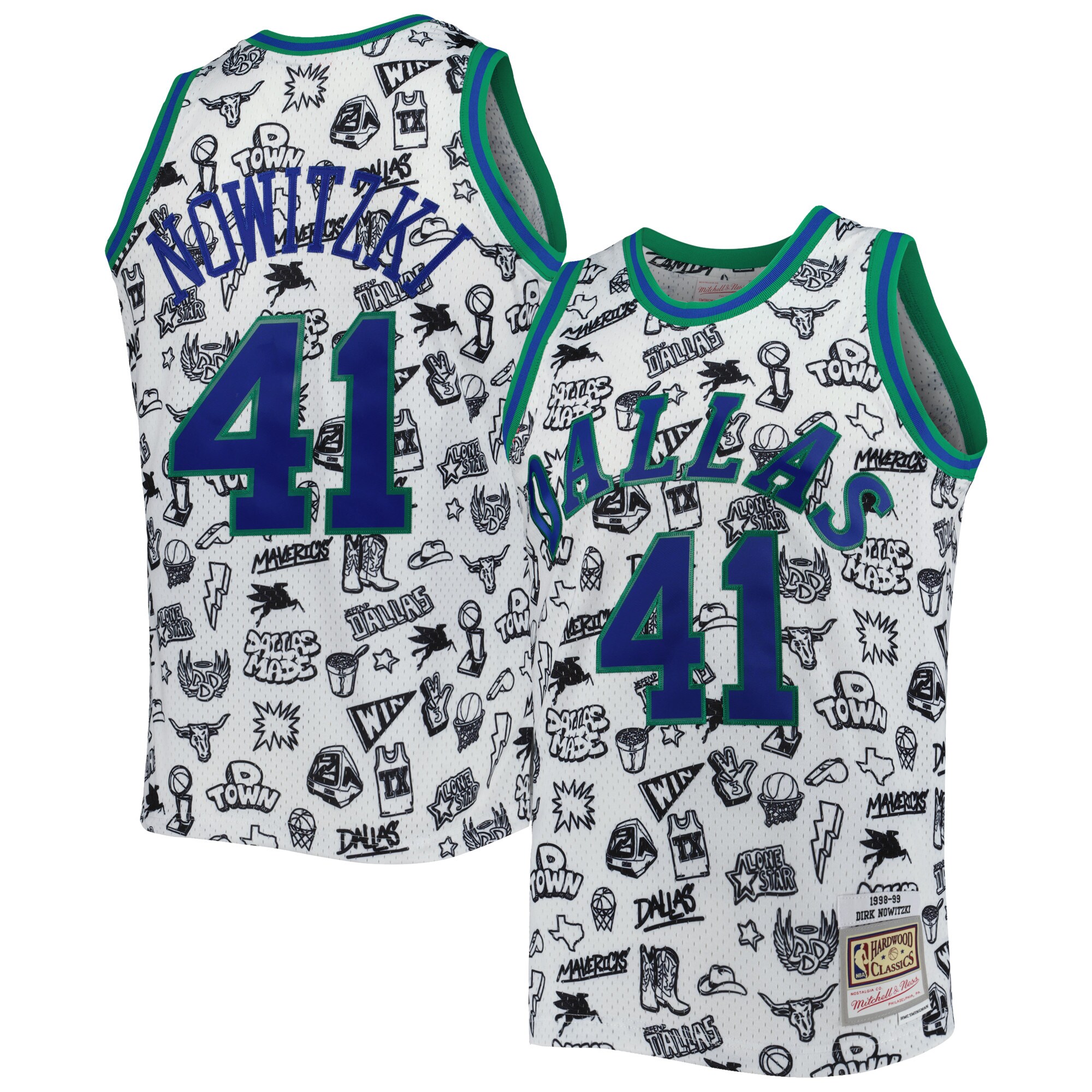 Alternative view of Dirk Nowitzki Dallas Mavericks Mitchell & Ness 1998/99 Hardwood Classics Doodle Swingman Jersey - White