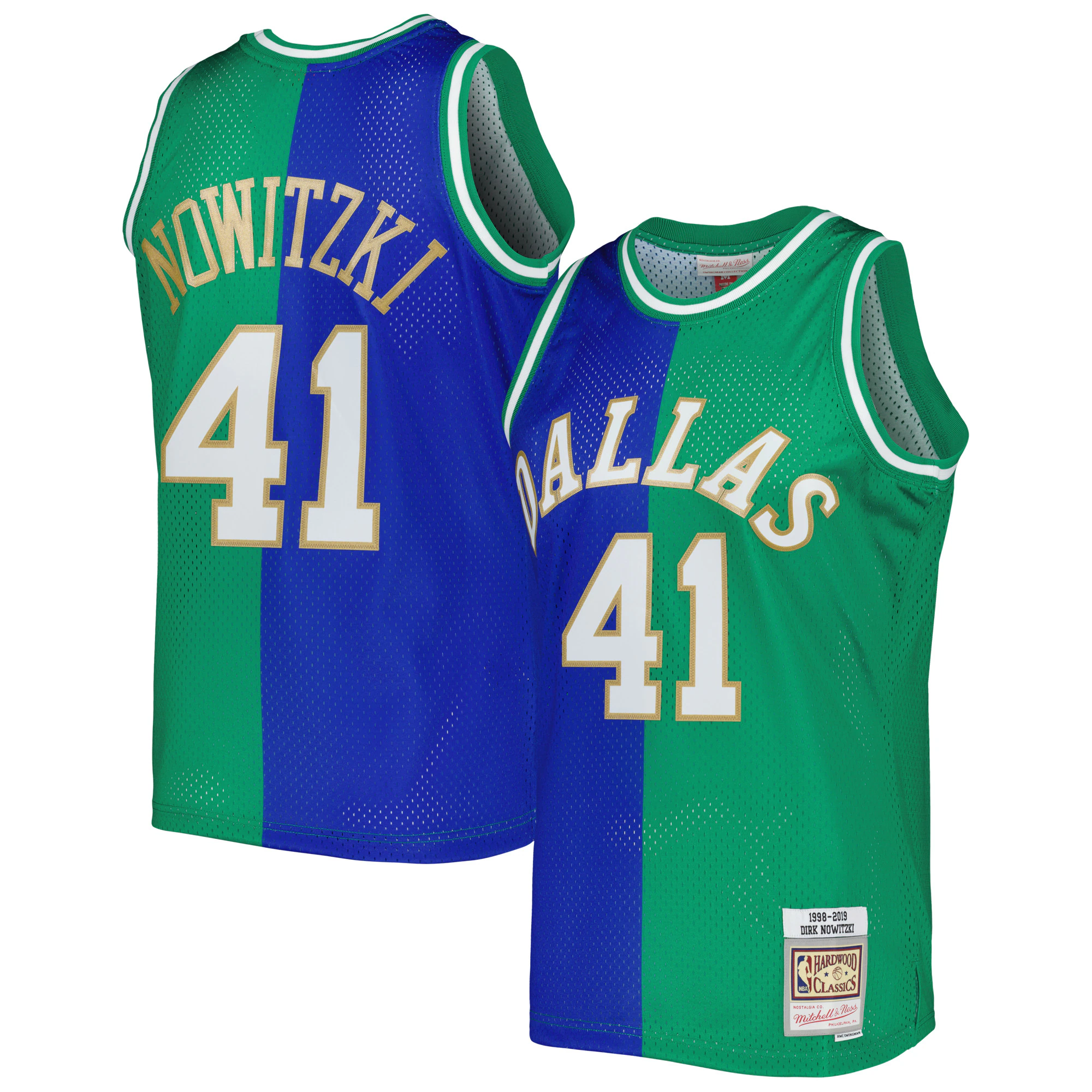 Dirk Nowitzki Dallas Mavericks Mitchell & Ness Hardwood Classics 1998/2019 Split Swingman Jersey - Blue/green