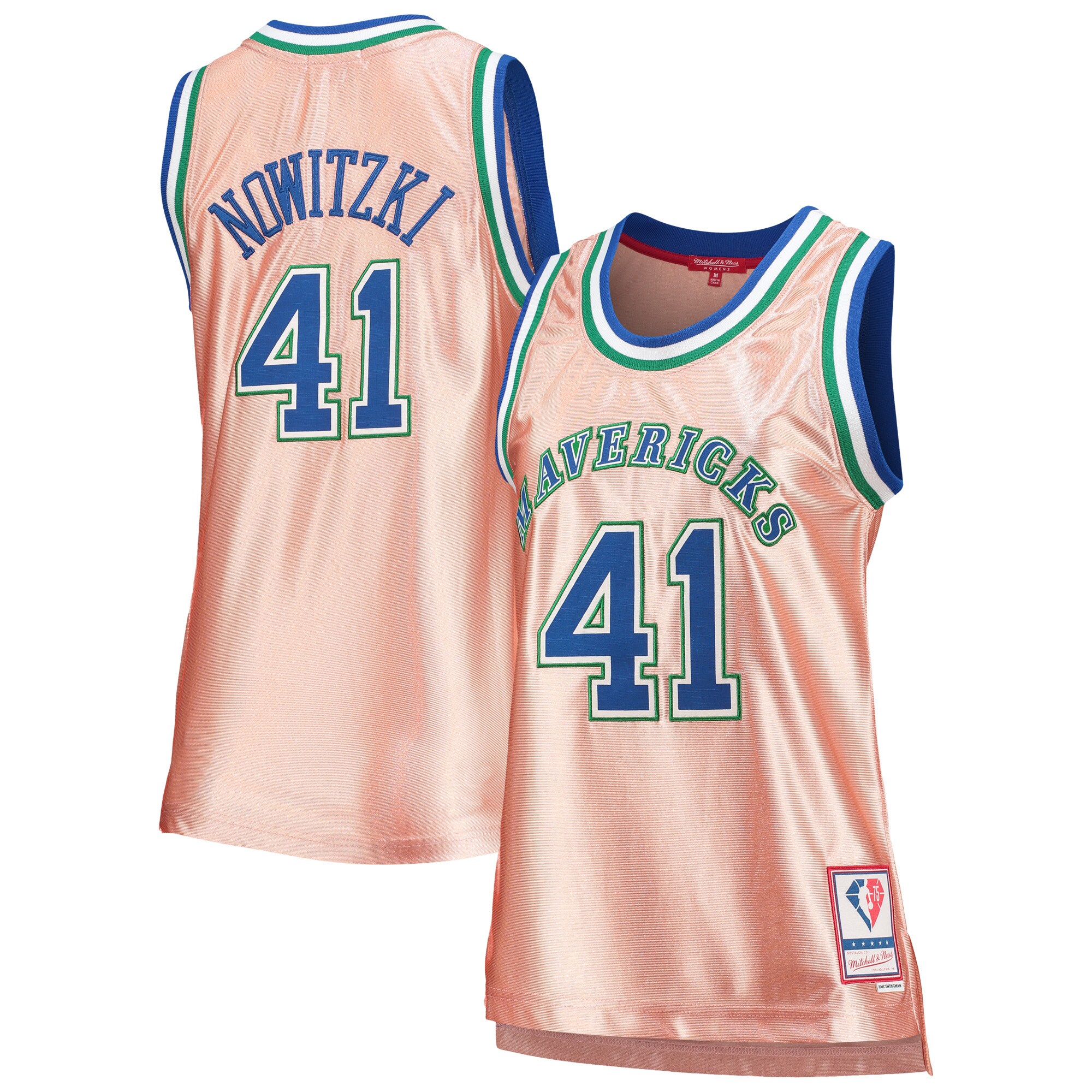 Alternative view of Dirk Nowitzki Dallas Mavericks Mitchell & Ness Women’s 75th Anniversary Rose Gold 1998 Swingman Jersey – Pink