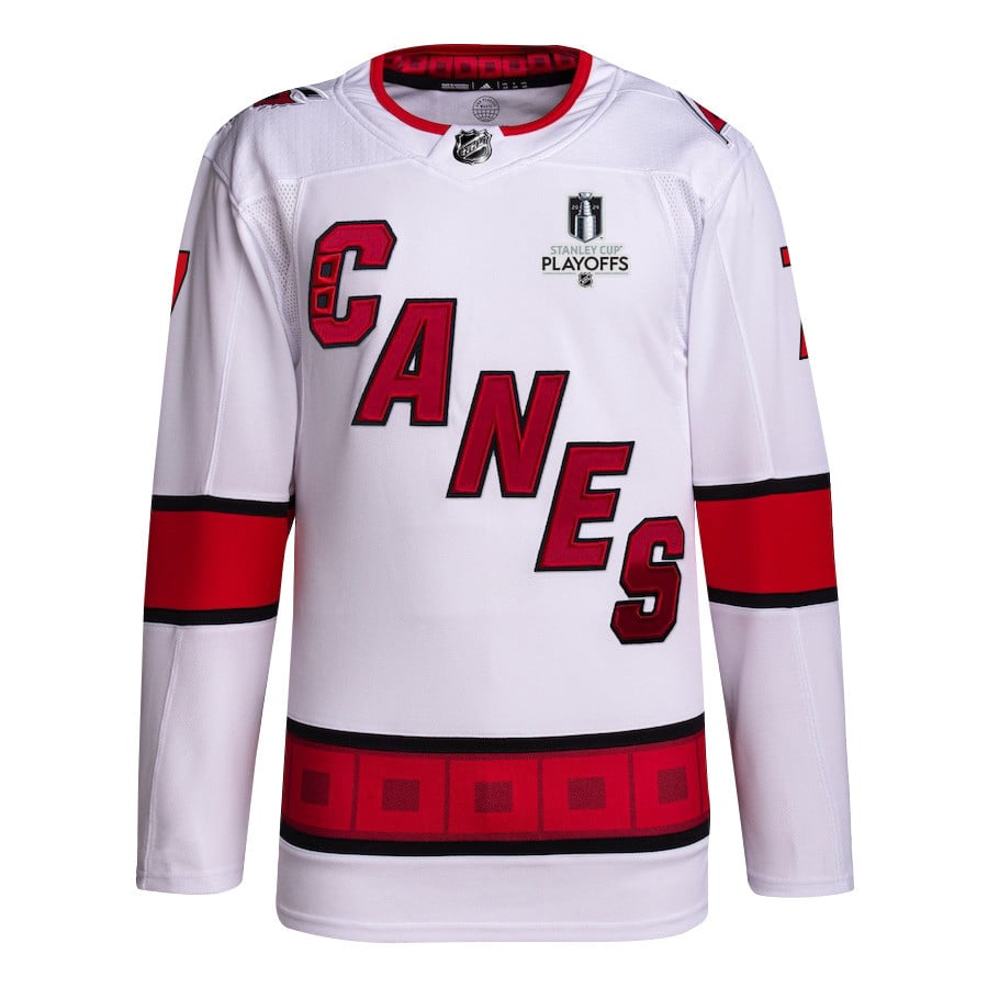 Alternative view of Dmitry Orlov 7 Carolina Hurricanes 2024 NHL Playoffs Patch Away Jersey - Men, White - JS650 