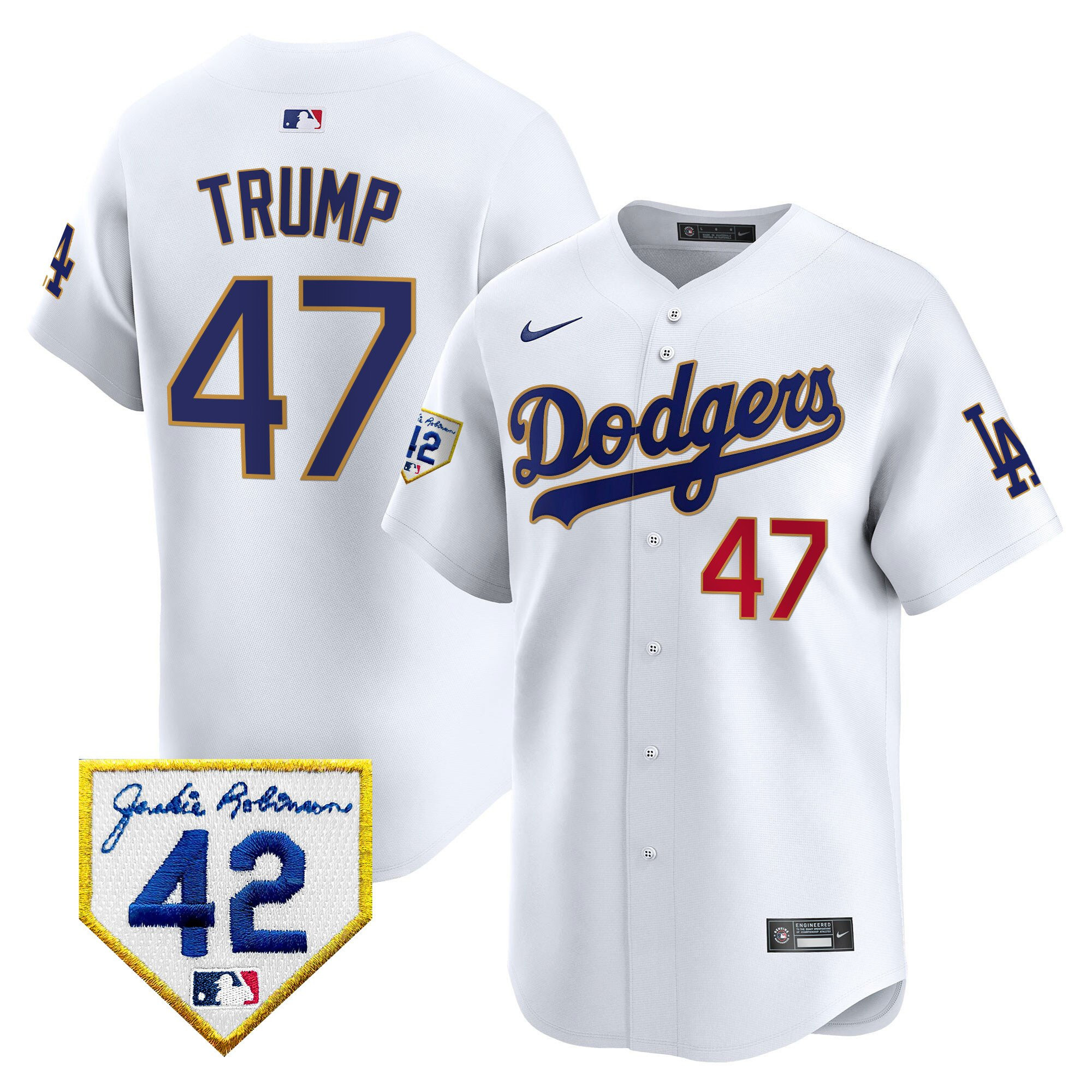 Donald Trump 47 Los Angeles Dodgers 2024 Jackie Robinson Patch Men Jersey - White 