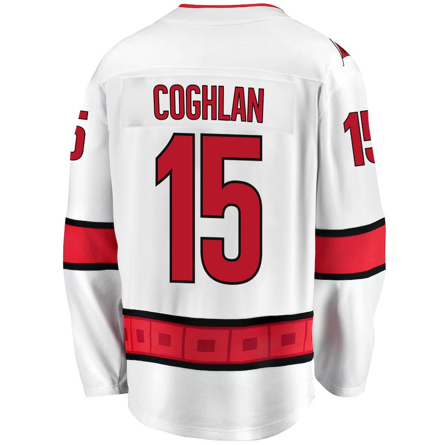 Alternative view of Dylan Coghlan 15 Carolina Hurricanes Stanley Cup 2023 Playoffs Patch Away Breakaway Men Jersey - White - JS493 