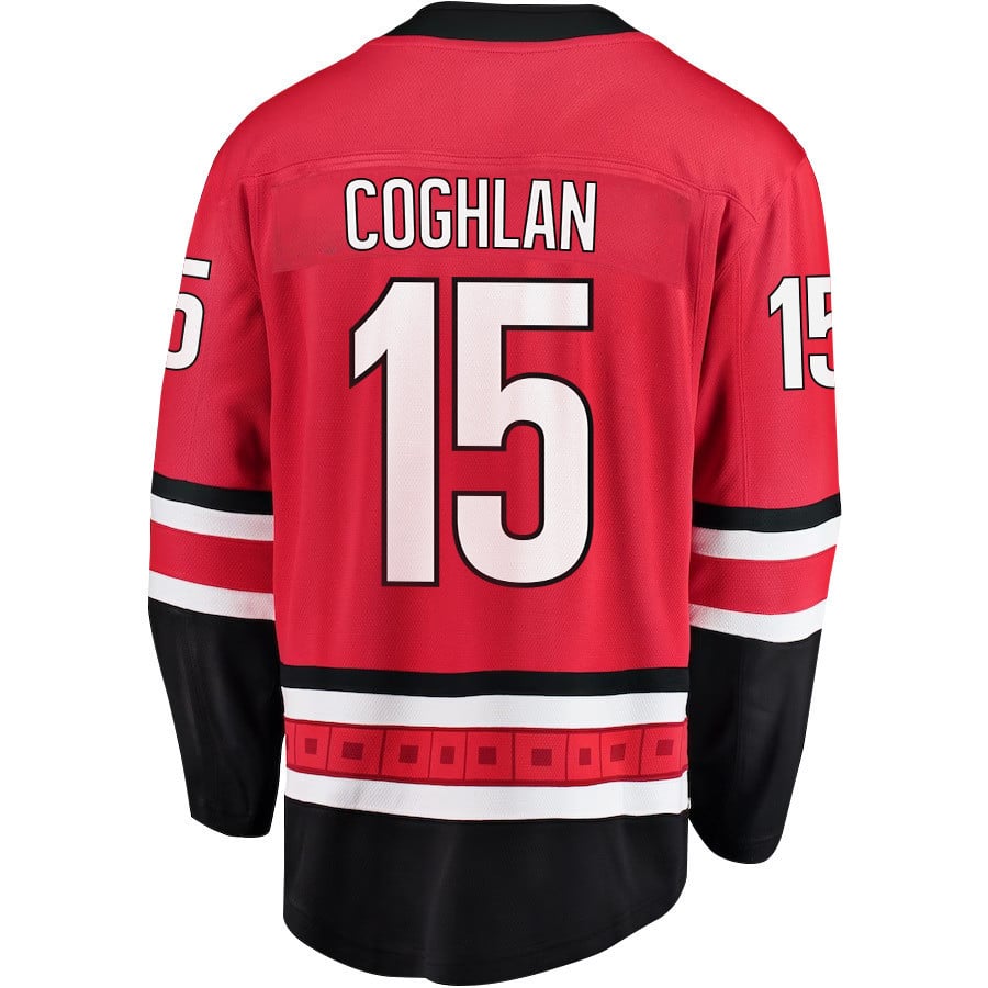 Alternative view of Dylan Coghlan 15 Carolina Hurricanes Stanley Cup 2023 Playoffs Patch Home Breakaway Men Jersey - Red - JS443 
