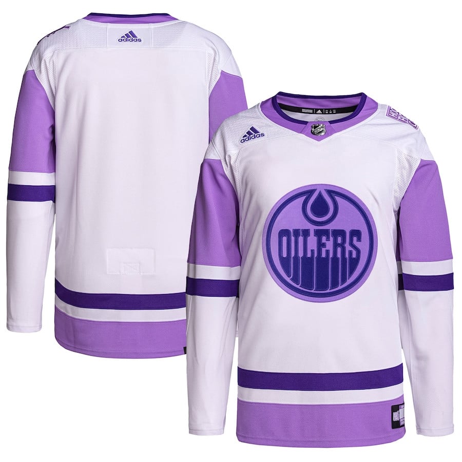 Edmonton Oilers Hockey Fights Cancer Primegreen Men Jersey - White/Purple - JS360 