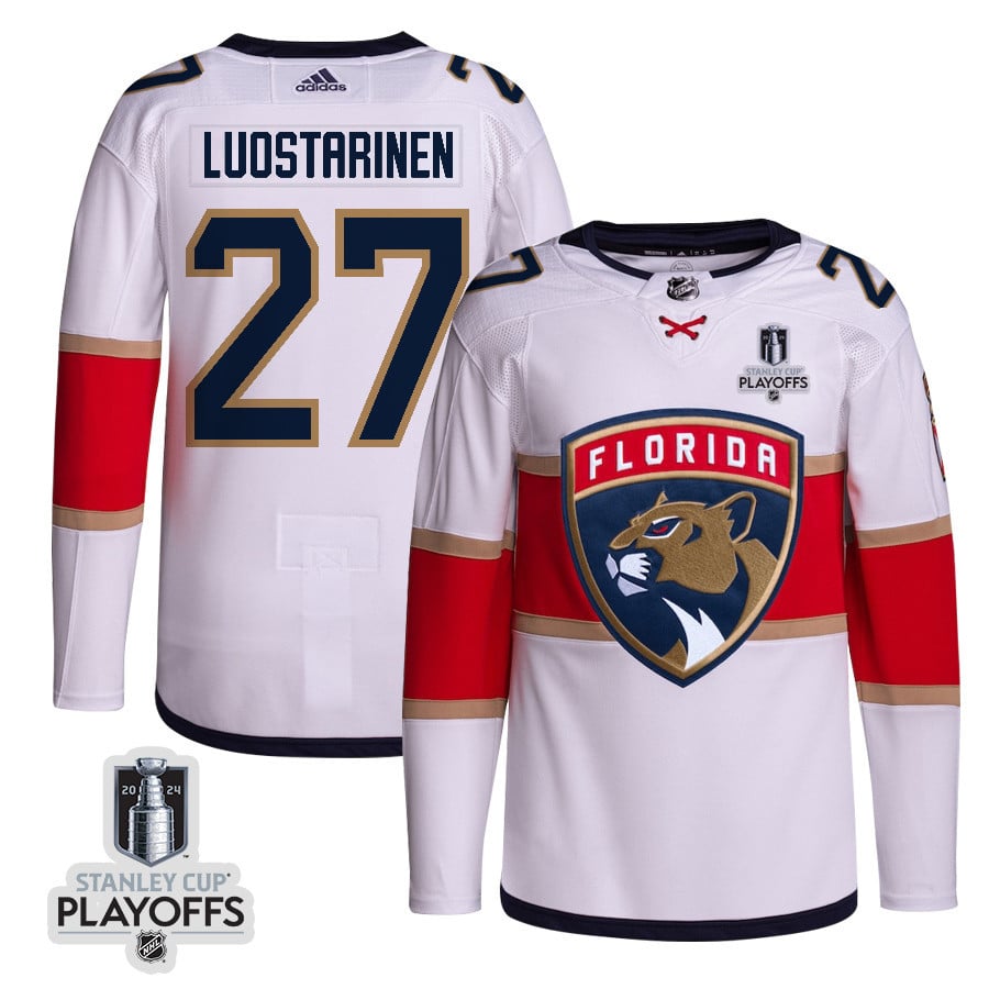 Eetu Luostarinen 27 Florida Panthers 2024 NHL Playoffs Patch Away Jersey Customized - Men, White - JS547 