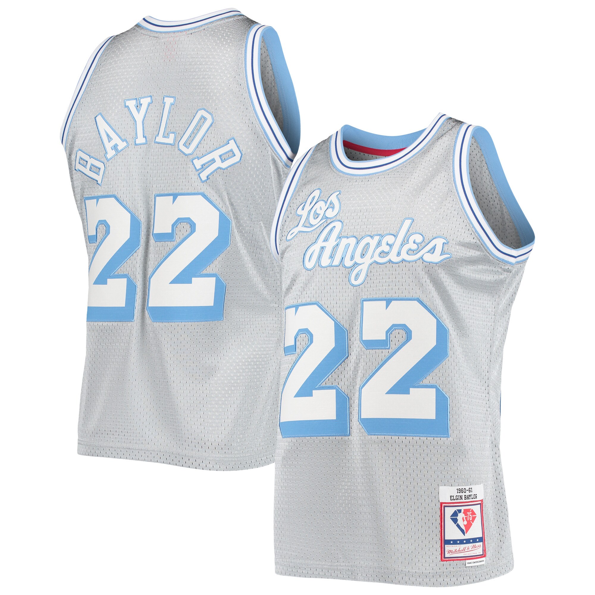 Alternative view of Elgin Baylor Los Angeles Lakers Mitchell & Ness 75th Anniversary 1960/61 Hardwood Classics Swingman Jersey - Silver