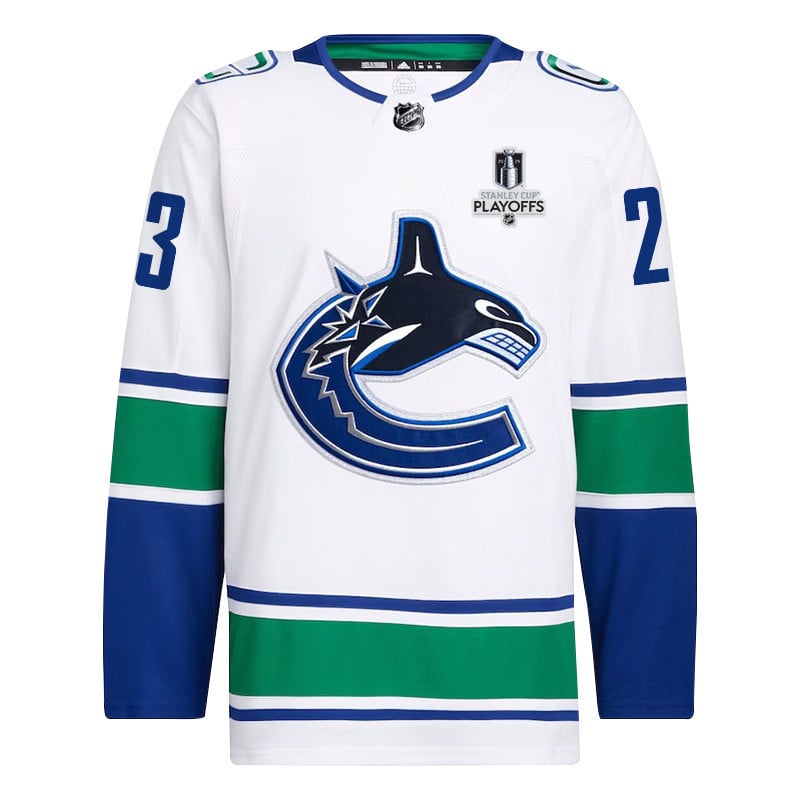 Alternative view of Elias Lindholm 23 Vancouver Canucks 2024 NHL Playoffs Patch Away Jersey - Men, White - JS351 