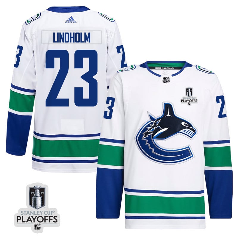 Elias Lindholm 23 Vancouver Canucks 2024 NHL Playoffs Patch Away Jersey - Men, White - JS351 