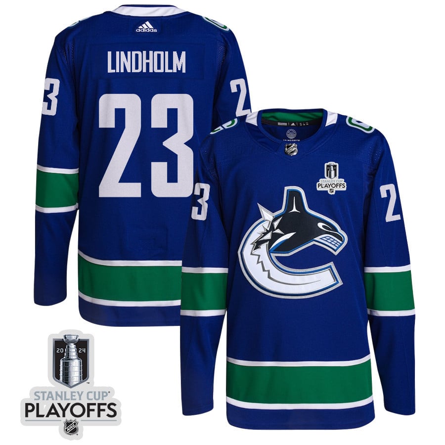 Elias Lindholm 23 Vancouver Canucks 2024 NHL Playoffs Patch Home Jersey - Men, Blue - JS605 