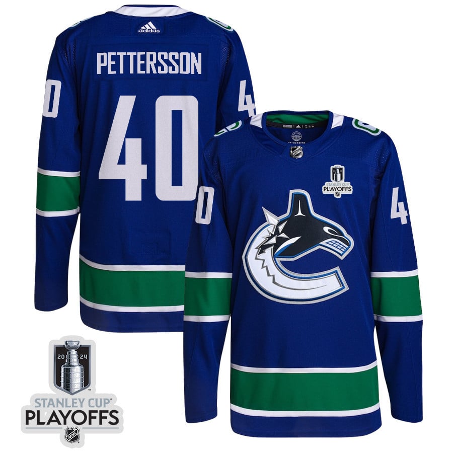 Elias Pettersson 40 Vancouver Canucks 2024 NHL Playoffs Patch Home Jersey - Men, Blue - JS707 