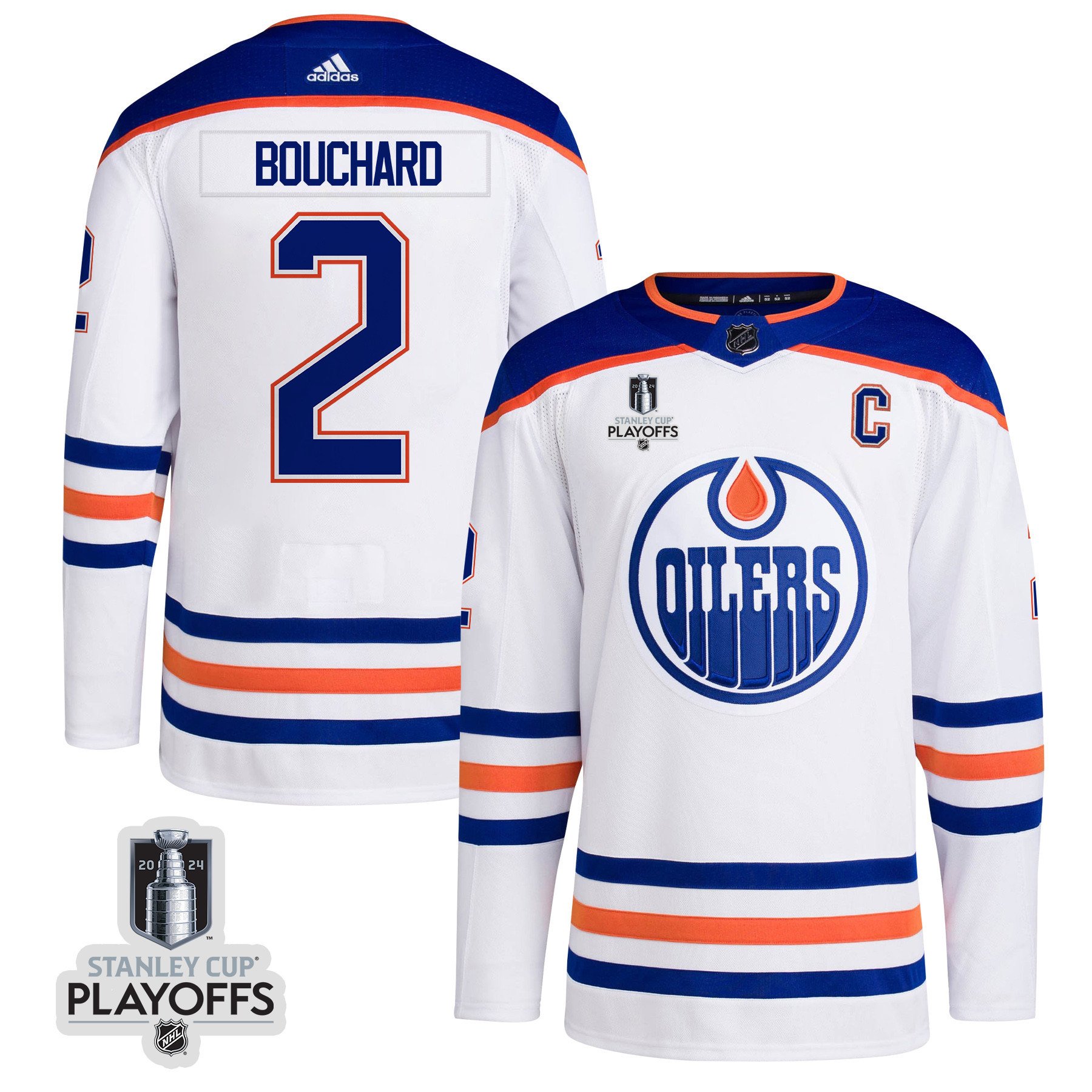 Evan Bouchard 2 Edmonton Oilers 2024 NHL Playoffs Patch Away Jersey - Men, White - JS835 