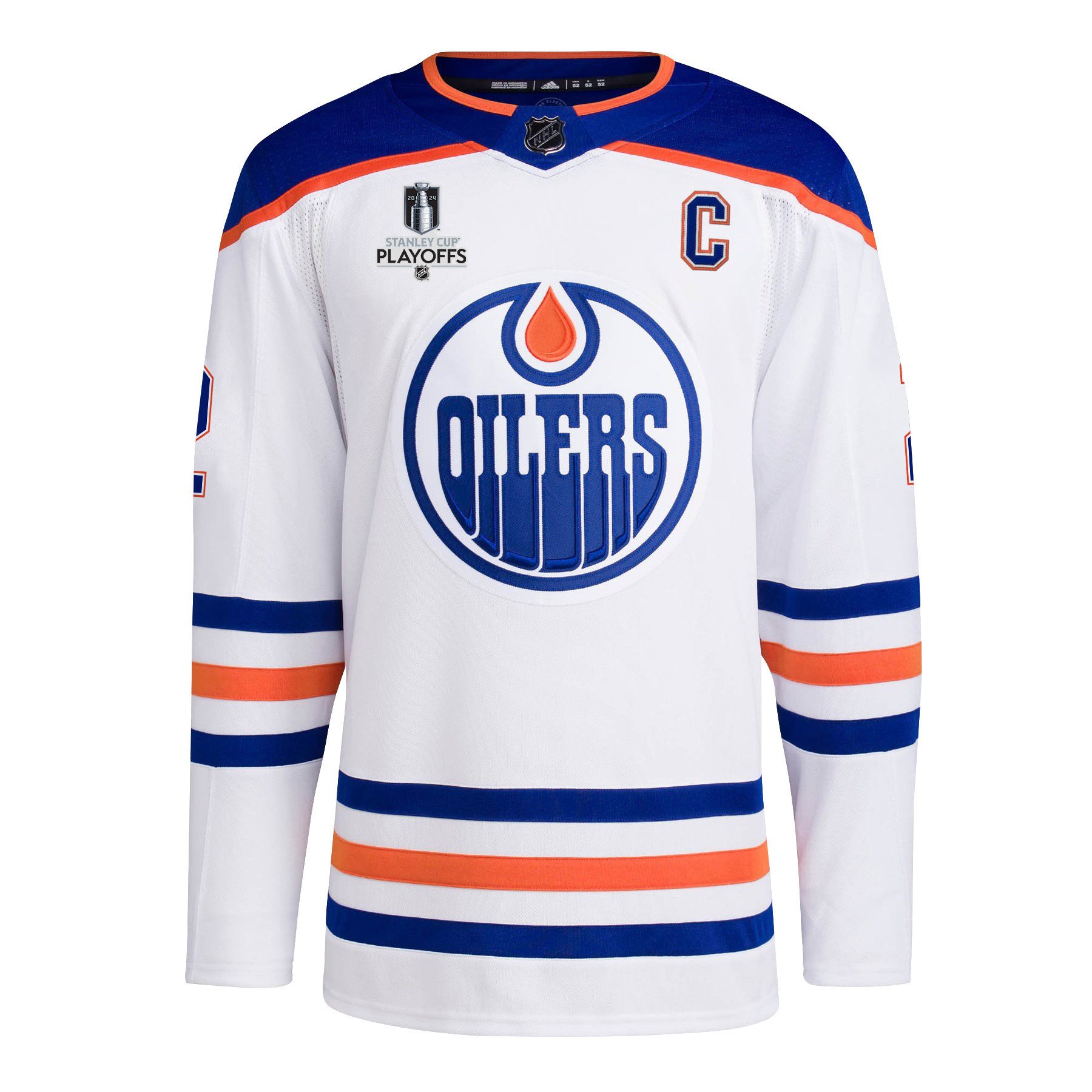 Alternative view of Evan Bouchard 2 Edmonton Oilers 2024 NHL Playoffs Patch Away Jersey - Men, White - JS835 