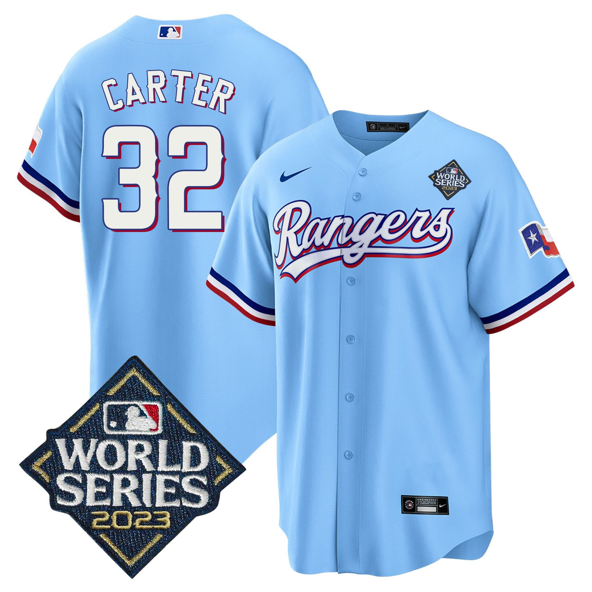 Evan Carter 32 Texas Rangers 2023 World Series Stitched Baseball Jersey - Blue - JS513 