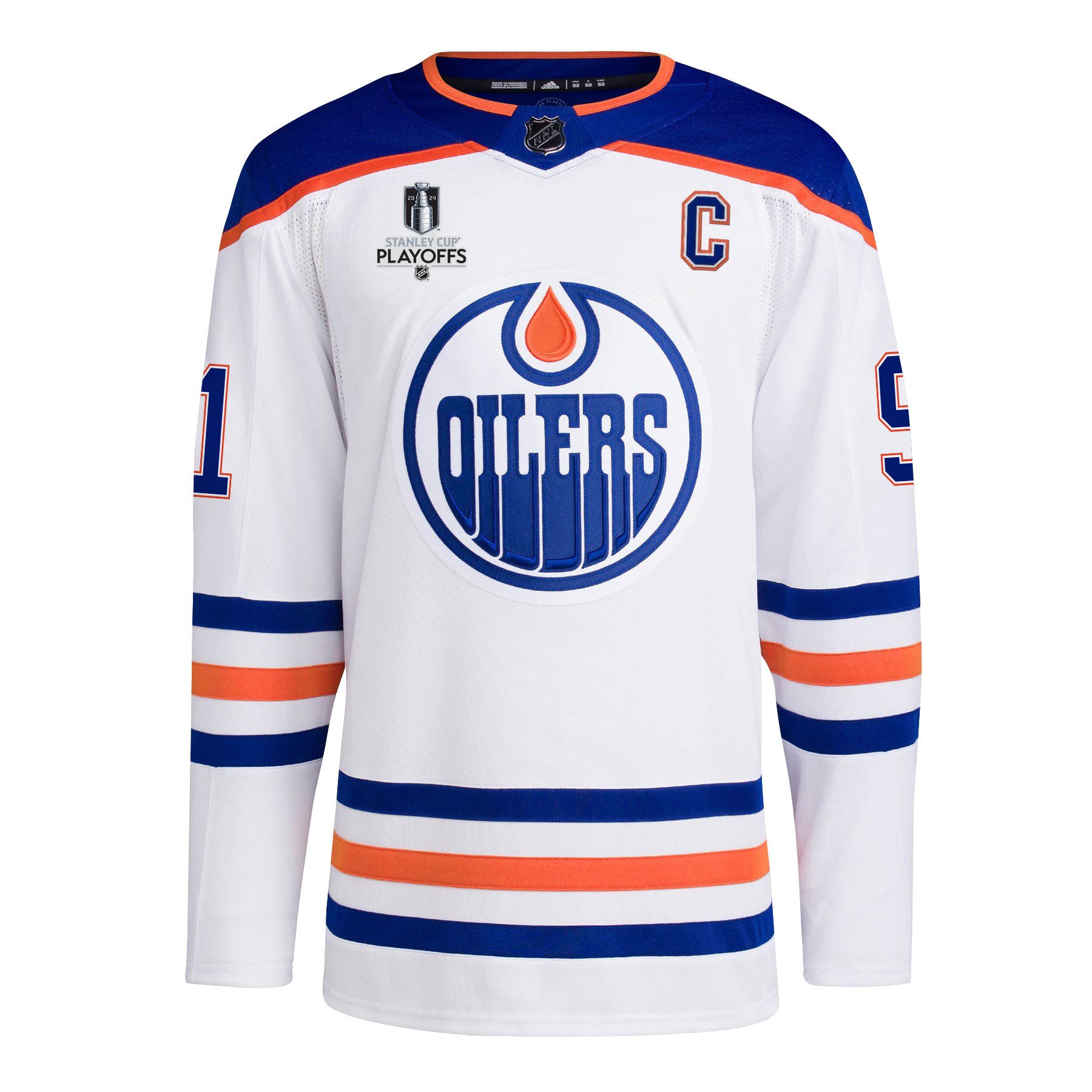 Alternative view of Evander Kane 91 Edmonton Oilers 2024 NHL Playoffs Patch Away Jersey - Men, White - JS722 