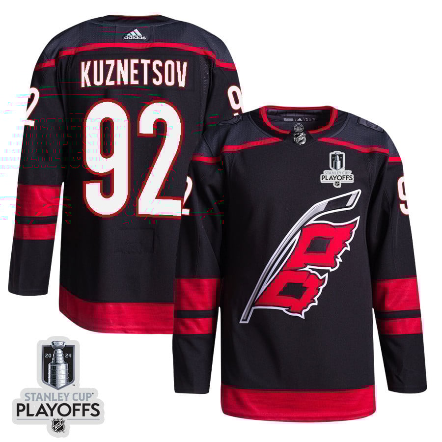 Evgeny Kuznetsov 92 Carolina Hurricanes 2024 NHL Playoffs Patch Home Jersey - Men, Black - JS719 