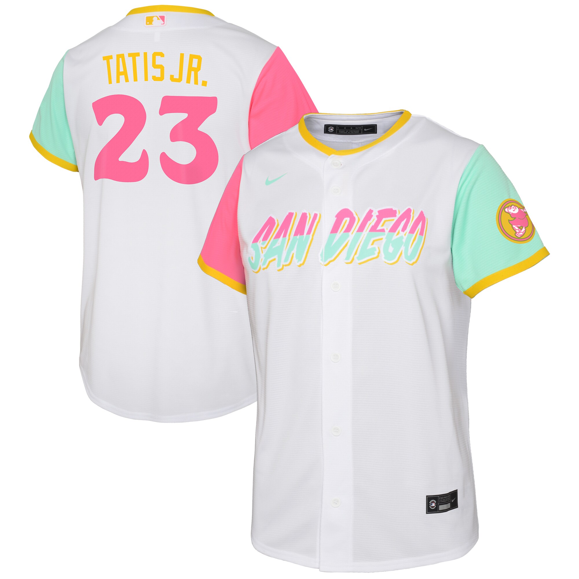 Alternative view of Fernando Tatis Jr. San Diego Padres Youth 2022 City Connect Replica Player Jersey - White