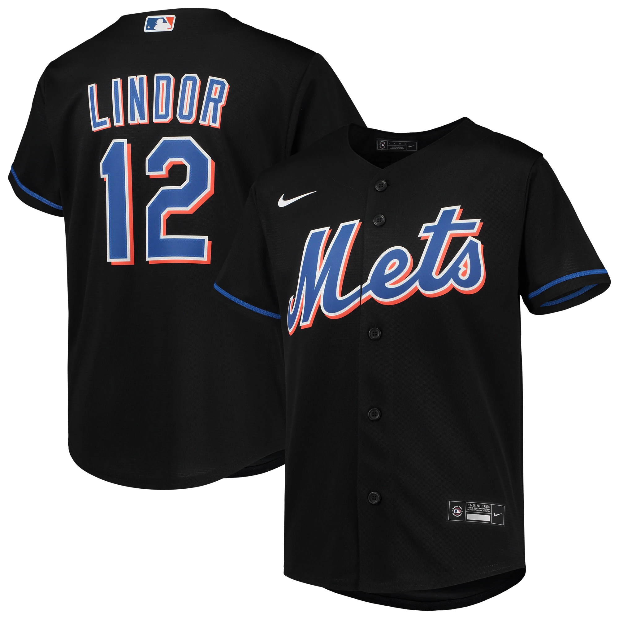 Alternative view of Francisco Lindor New York Mets Youth Alternate Replica Player Jersey - Black