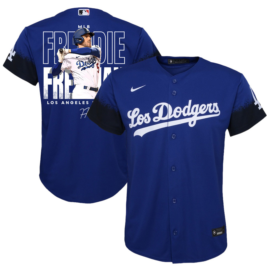 Freddie Freeman 5 Los Angeles Dodgers Signed Home Run 2023 City Connect Player YOUTH Jersey - Royal 