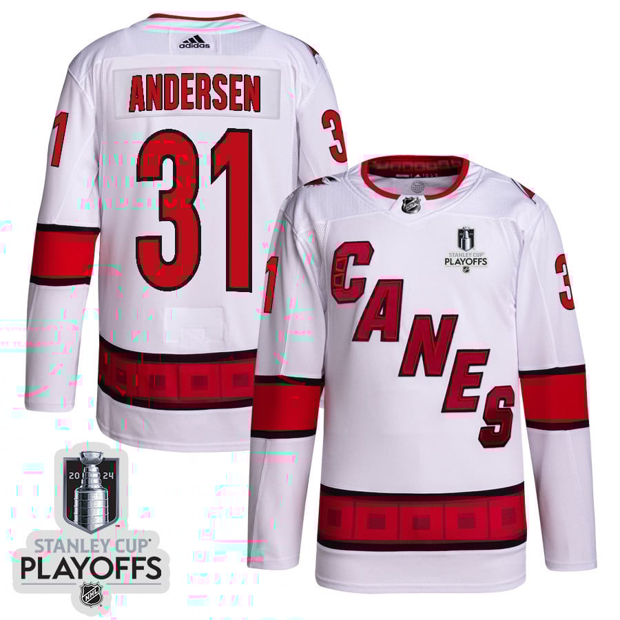 Frederik Andersen 31 Carolina Hurricanes 2024 NHL Playoffs Patch Away Jersey - Men, White - JS945 
