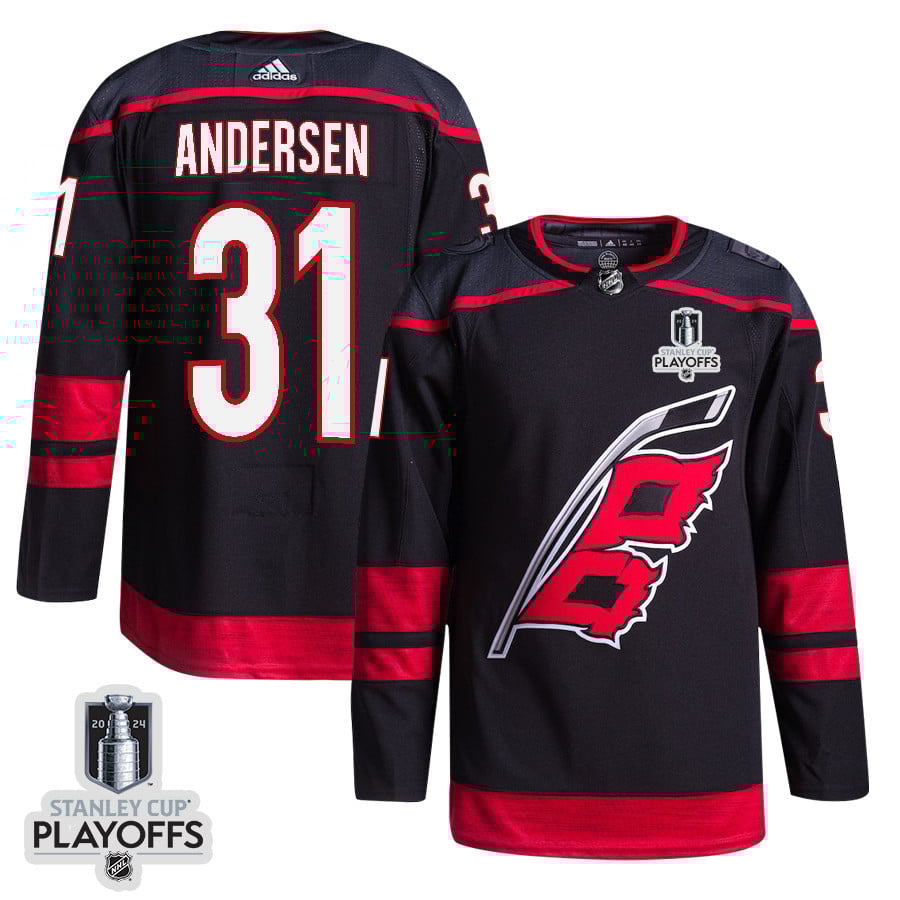 Frederik Andersen 31 Carolina Hurricanes 2024 NHL Playoffs Patch Home Jersey - Men, Black - JS701 