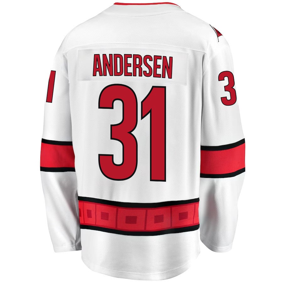 Alternative view of Frederik Andersen 31 Carolina Hurricanes Stanley Cup 2023 Playoffs Patch Away Breakaway Men Jersey - White - JS128 