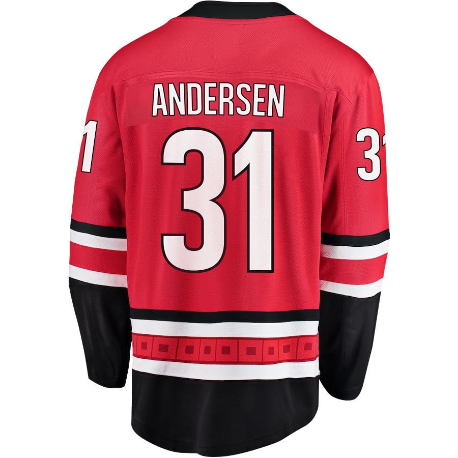 Alternative view of Frederik Andersen 31 Carolina Hurricanes Stanley Cup 2023 Playoffs Patch Home Breakaway Men Jersey - Red - JS443 